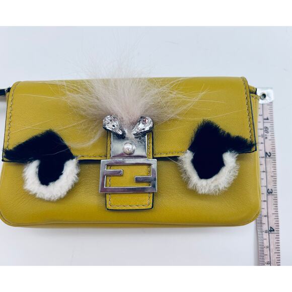 Fendi Monster Fur Micro Yellow Crossbody Leather Baguette SHW Authentic CoA - Picture 9 of 9